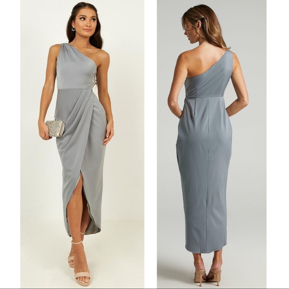 Showpo “Felt So Happy” one shoulder satin sheath dress, metallic dusty blue, 10